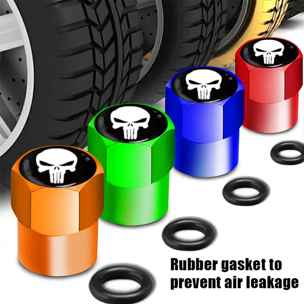 4-Pack Skull Tire Valve Stem Caps – Universal Aluminum Covers