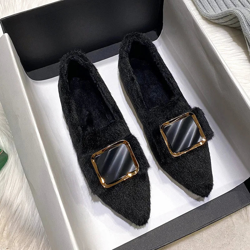 Hairy Flats Shoes for Women 2024 New Pointed Flat Bottom Mink Fur Winter Velvet Women's Shoes Ladies Shoes Plus Size 41 42 43 Zpaxo