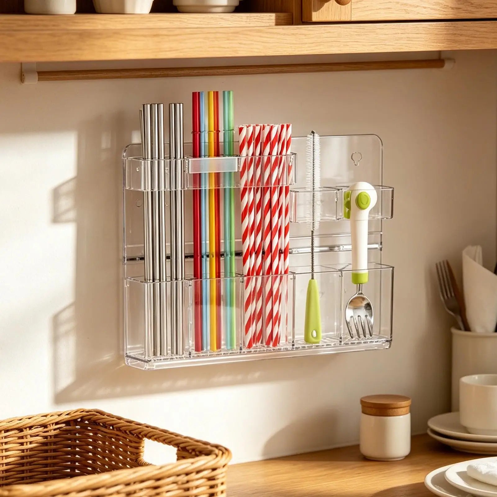 Cabinet Straw Holder Adhesive Height Adjustable 5 Compartment Cup