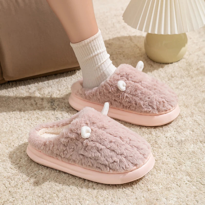 Winter Home Slippers Men Shoes Cute Cartoon Flat Platform Women Warm