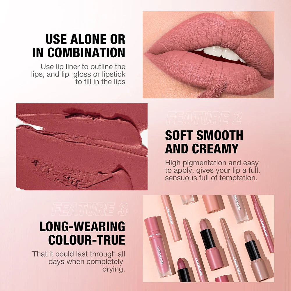 3-Piece Lip Gloss Liner Lipstick Waterproof Durable Matte Makeup Zpaxo