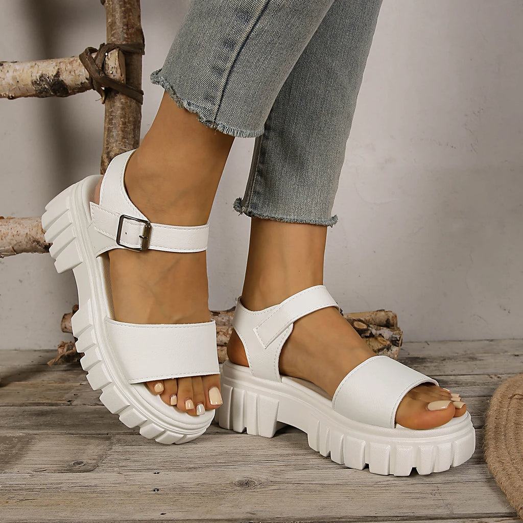 Women Platform Sandals Chunky Heel Casual Style Shoes Women Summer Solid Color Round Head Sandals Large Size Buckle Strap Shoes Zpaxo WHITE 41