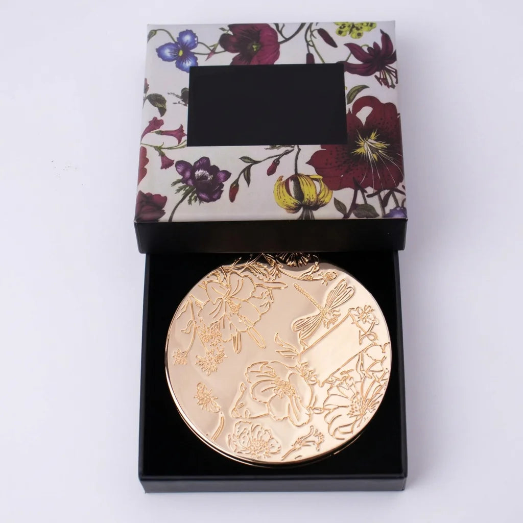 Vintage Gold Folding Compact Makeup Mirror – Floral Design