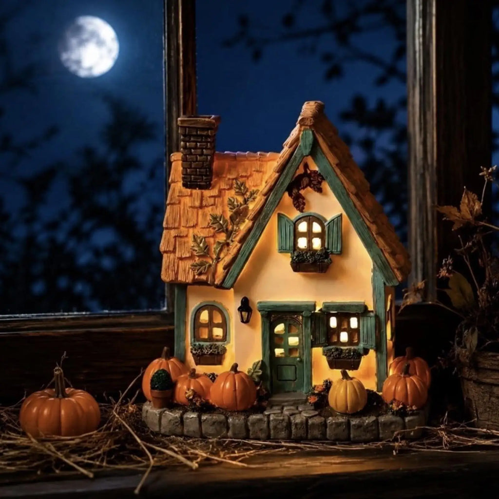 Pumpkin House Statue Decor Battery Powered Lighted Tabletop Centerpiece Festival Pumpkin House Statue for Home Apartment Office Zpaxo