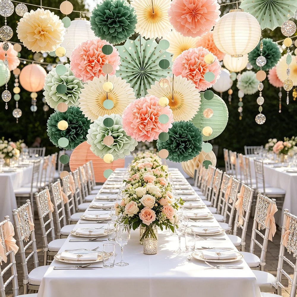 Sage Green Paper Lantern Fans Pom Poms Flowers Hanging Decorations