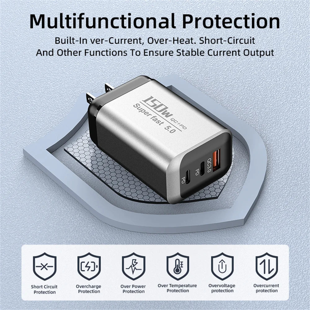 150W 3-in-1 USB-C Fast Charger PD QC3.0 | EU UK US Plug USB-C Wall Charger Zpaxo