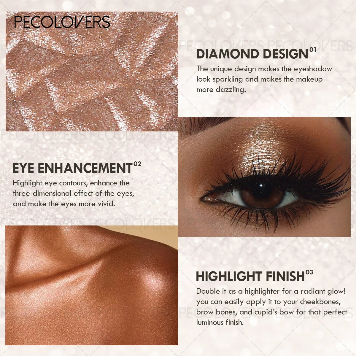 Black Pearlescence Diamond Glitter Eyeshadow Mashed Potato Texture Highlighter Peach Gold Shimmer Illuminator Brightening Makeup Zpaxo