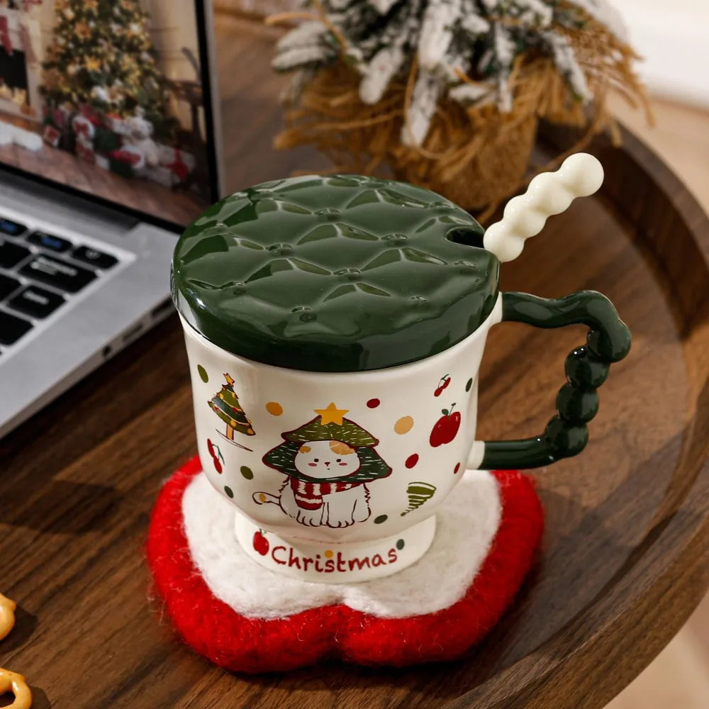 Christmas Cat Appearance Level Mark Ceramic Water Cup Lid Spoon Cute