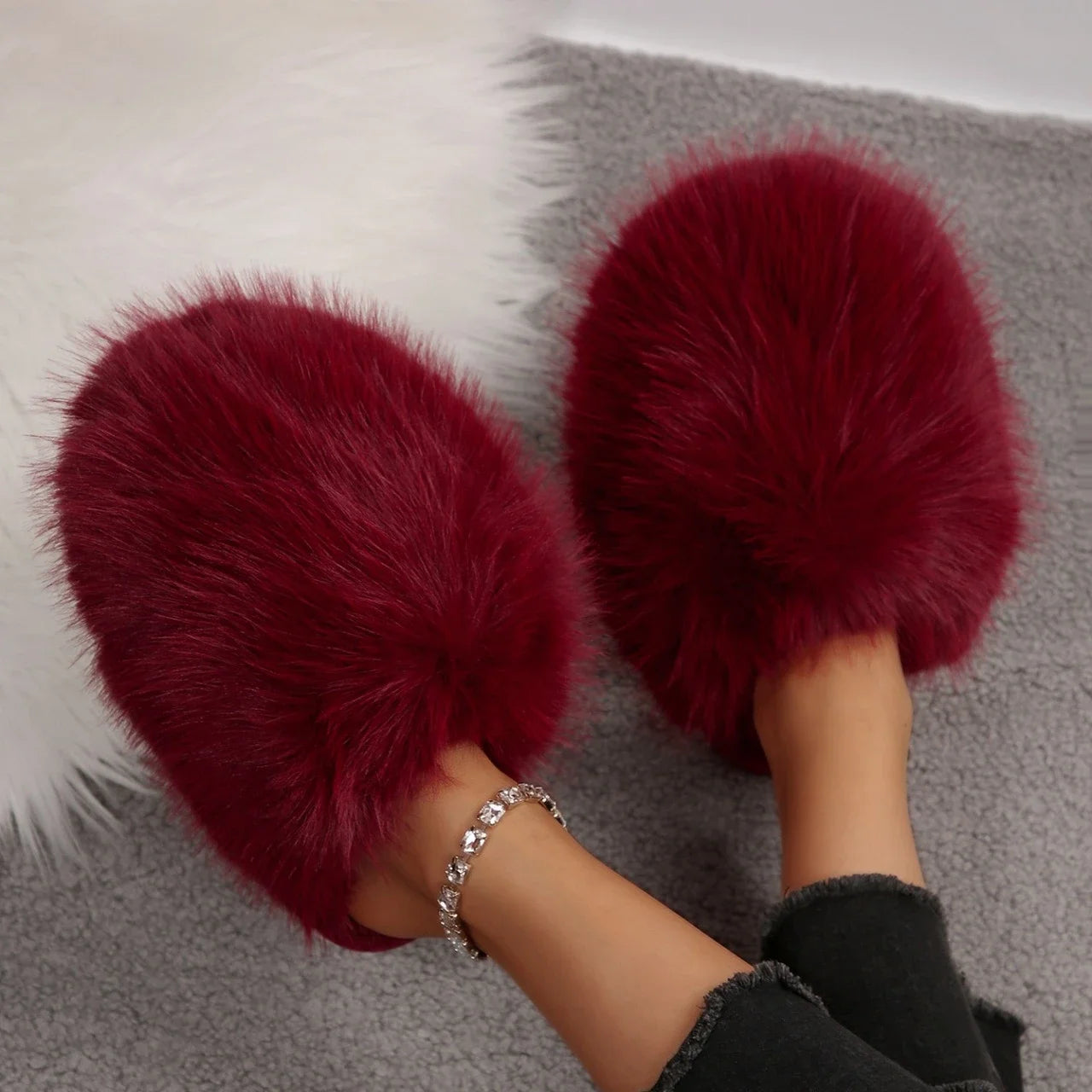 Women Slippers 2025 Fashion Fur Fluffy Cute Plush Luxury Shoes Zpaxo wine red 36