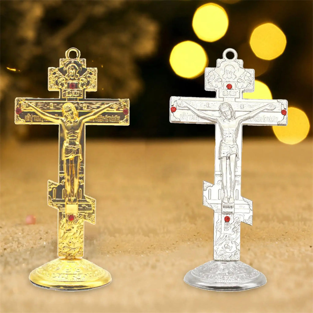 Jesus Cross for Desk Metal with Base Tabletop Ornaments Christian Home Goods Prayer Utensils Table Top Crucifix Cross Catholic Zpaxo