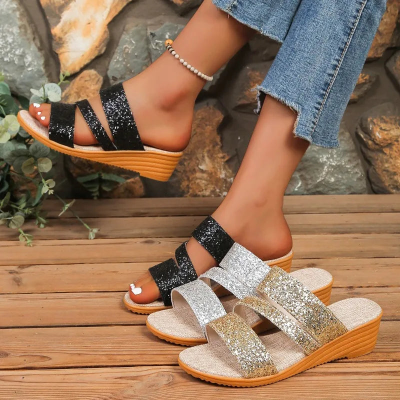 Fashion Glitters Strap Open Toe Wedge Heel Slippers Women Summer 2026 Zpaxo