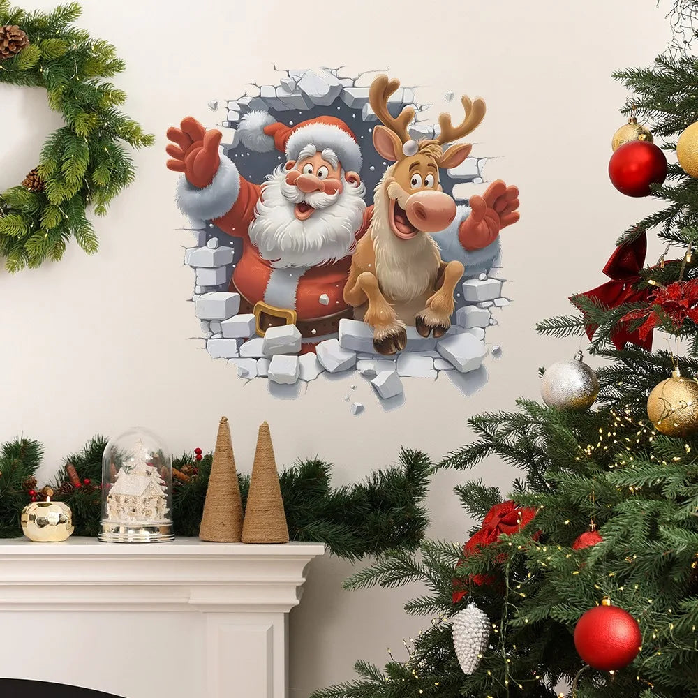 3D Santa & Reindeer Christmas Wall Stickers – Removable PVC