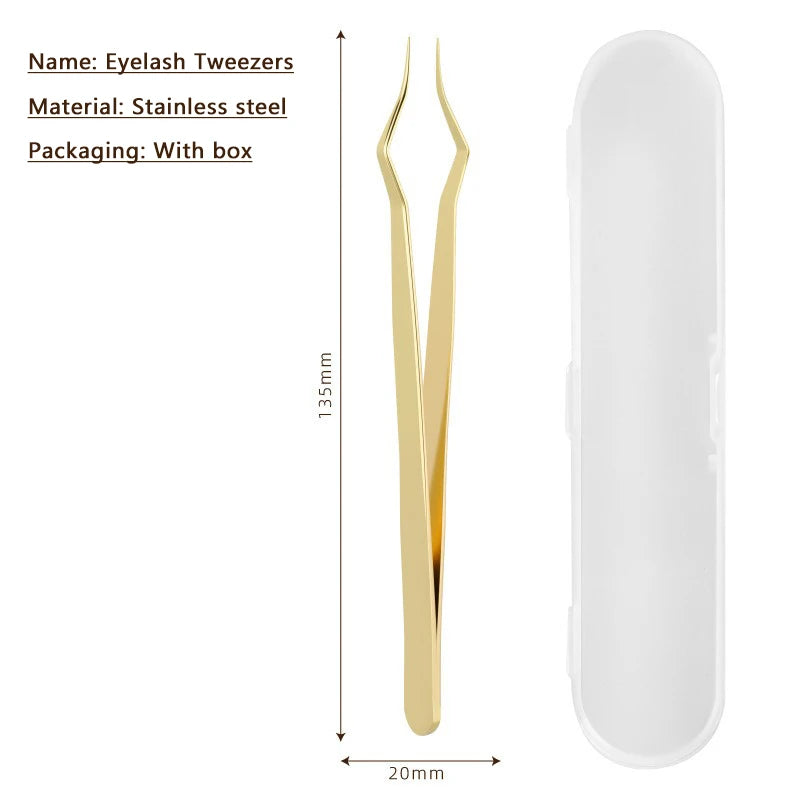 New Silver Gold Lash Extension Tweezers Anti Slip Stainless Steel Curved Tip Tweezers High Precision Nail Art Makeup Beauty Tool Zpaxo Gold With box