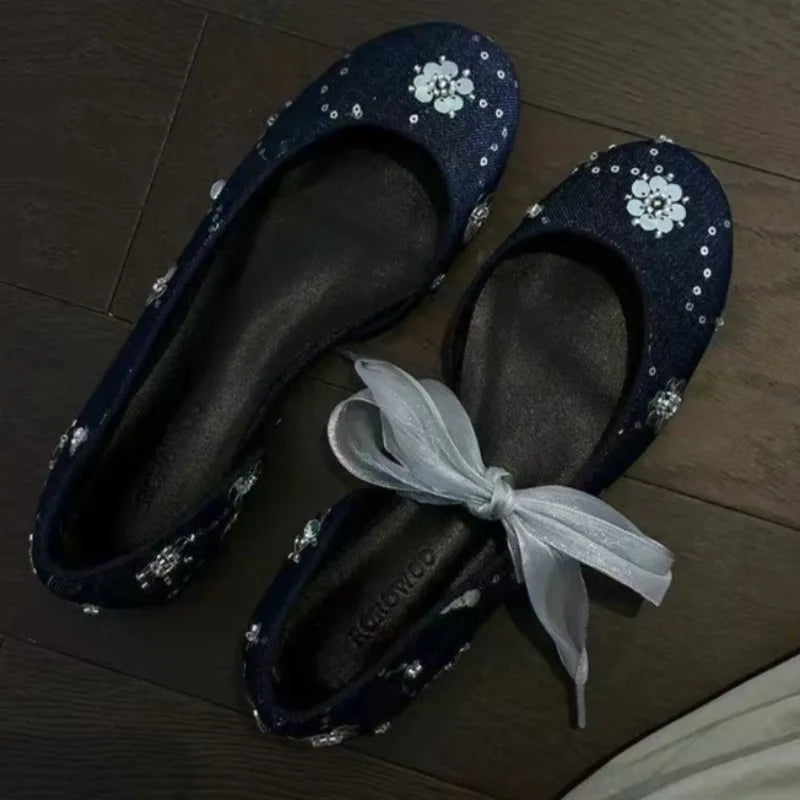 Spring Autumn Women's Round Closed Toe Sequin Decoration Single Shoes Zpaxo