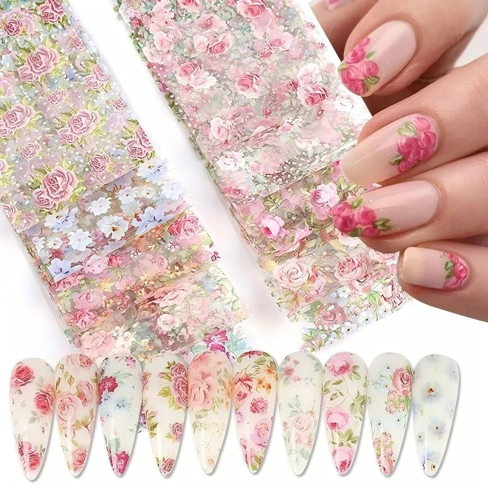 Fashion Mixed Designs Nail Wraps Floral Rose Flower Art Foils Easy Zpaxo 10Pcs