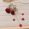 Vintage Elegant Red Flocked Rose Tassel Hair Clip Stylish Ponytail Zpaxo A1