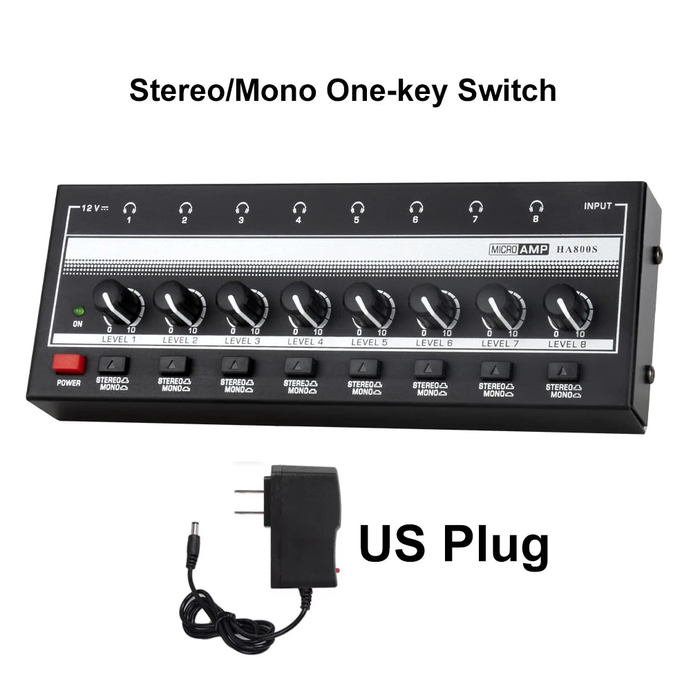 8 Channels Headphone Amplifier Mini Stereo Mono Switch Professional Zpaxo HA800S US Plug