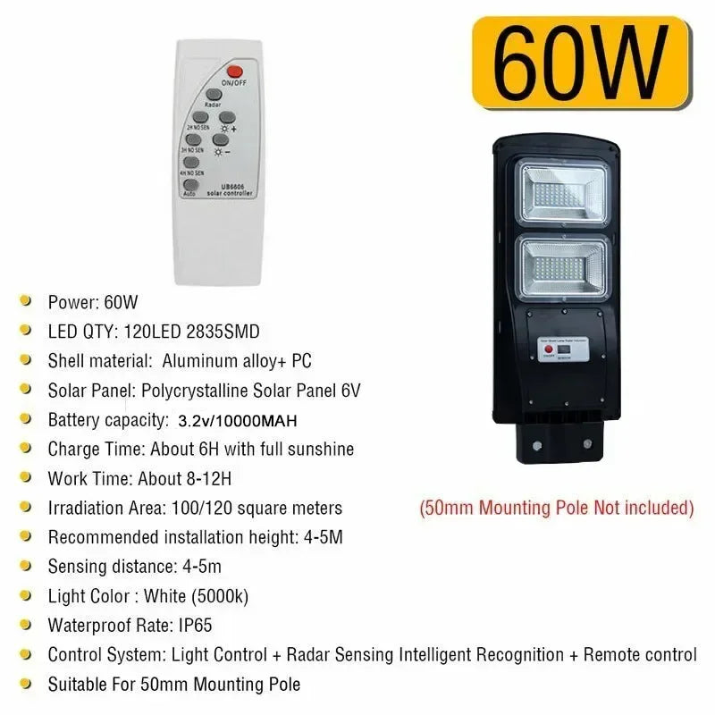 Solar Street Lamp with Radar Motion Sensor, Waterproof, IP67, Wall, Outdoor, Landscape, Garden, Road Light with Pole, 90W Zpaxo 60W with pole 15W China Mainland