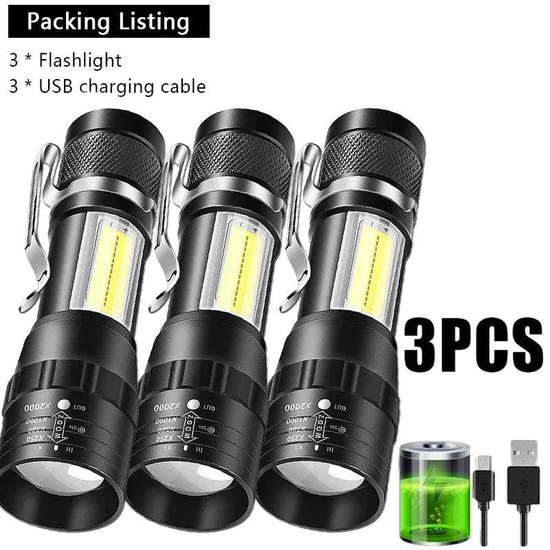USB Rechargeable Mini LED Torch – COB+XPE Zoomable Flashlight
