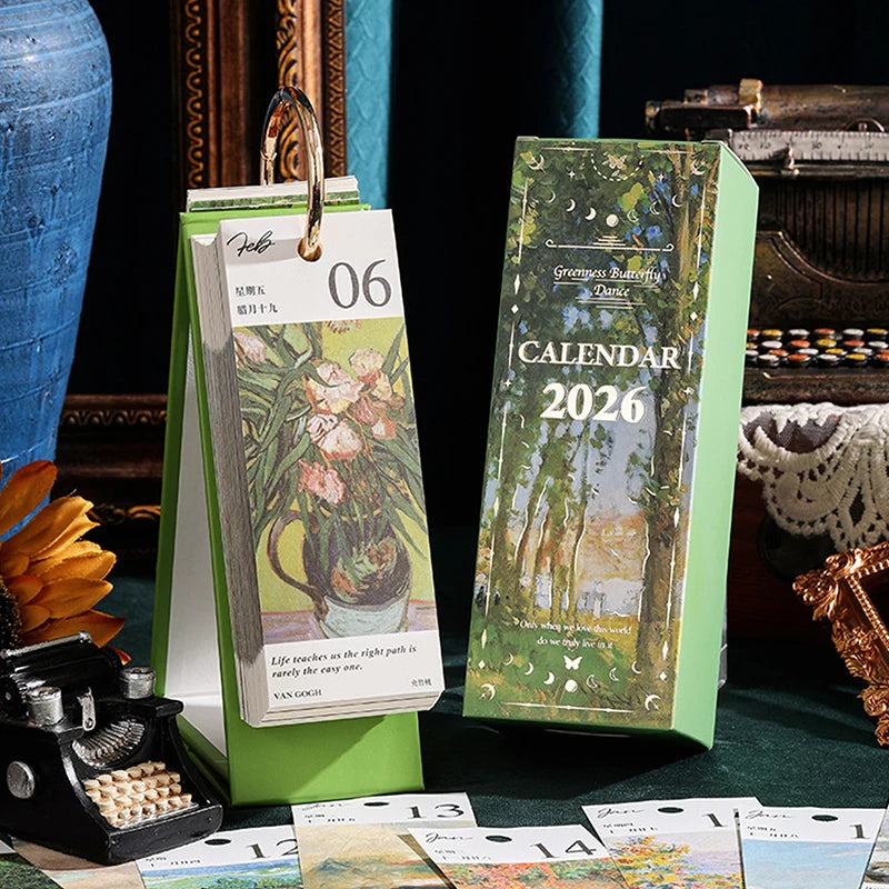 2026 Desk Calendar With Gold Ring Binding 365 Days Vintage Oil Painting Inspirational Quotes One-Way Page Turn Daily Planner Zpaxo