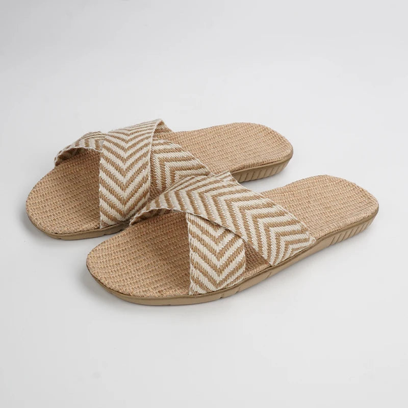 SHAJI Summer Women's Linen Slippers Home Lightweight Indoor Non-slip Zpaxo 8240 Beige 41-42