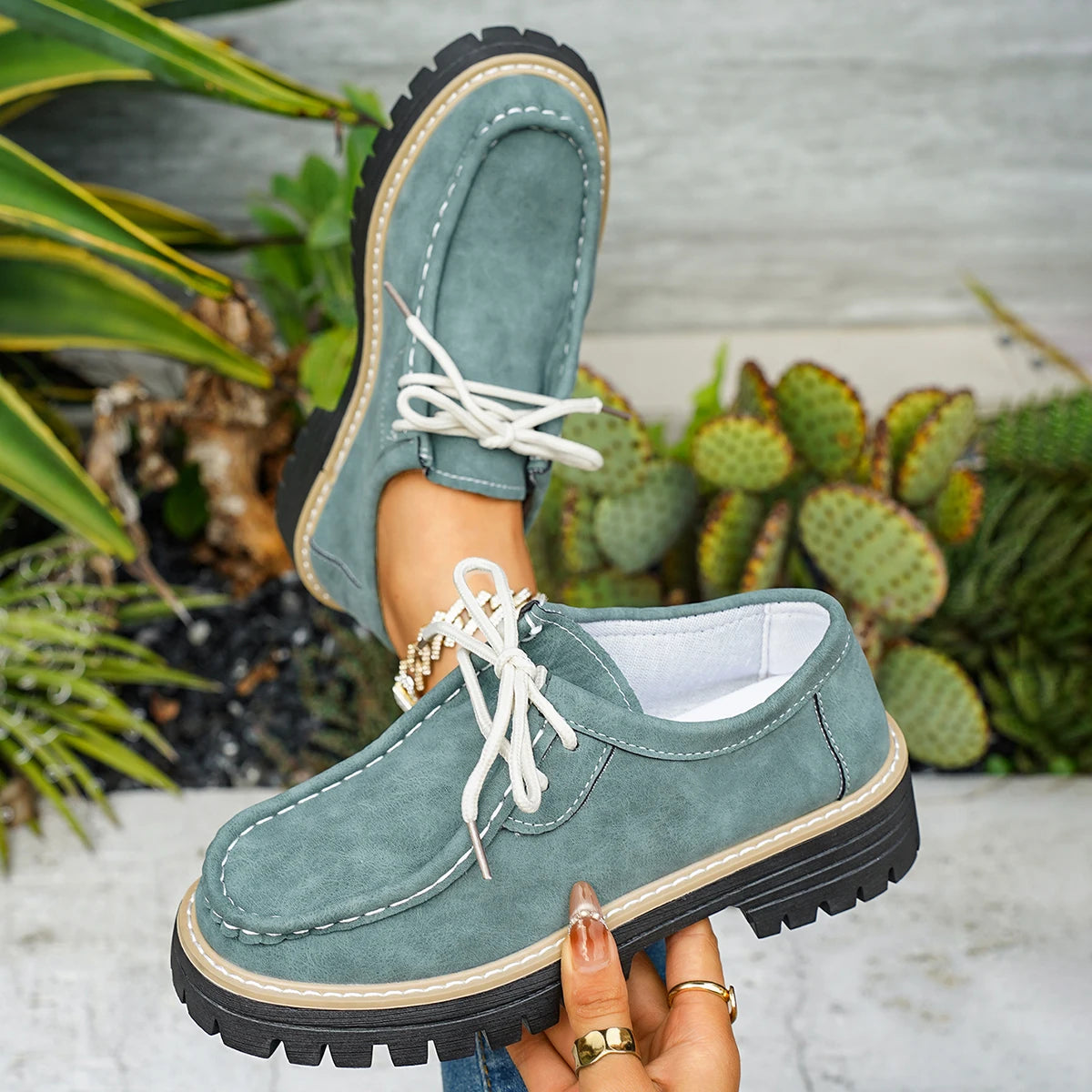 Woman Loafers Round Toe Rubber Outsole Sneakers Women Retro Autumn Large Size Shoes Ladies Casual British Style Thick Heel Shoes Zpaxo green 40