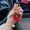 Charming Gift Bow Knot Shape Keychain Pearls Tassel Rhinestone Keyring Rhinestone Inlaid Cute Shape Shape Keyring Decor Zpaxo Red