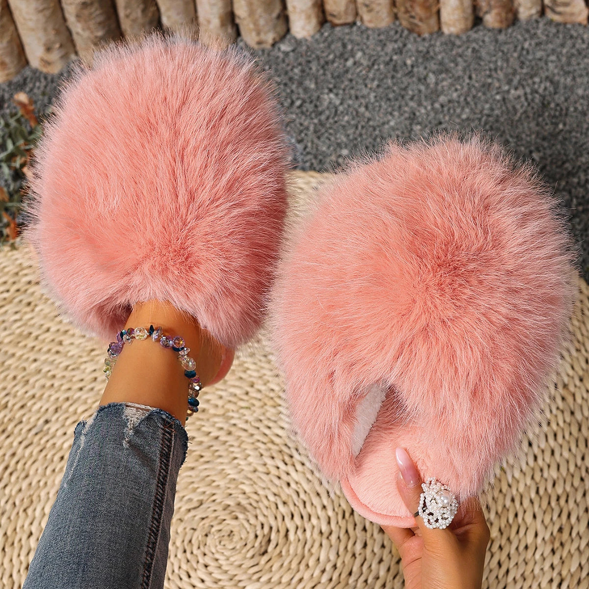 Winter Women Indoor Slippers Fashion Faux Fur Home Shoes Women Trend Soft Sole Warm Fluffy Slippers Solid Baotou Slides Women Zpaxo orange red 38-39
