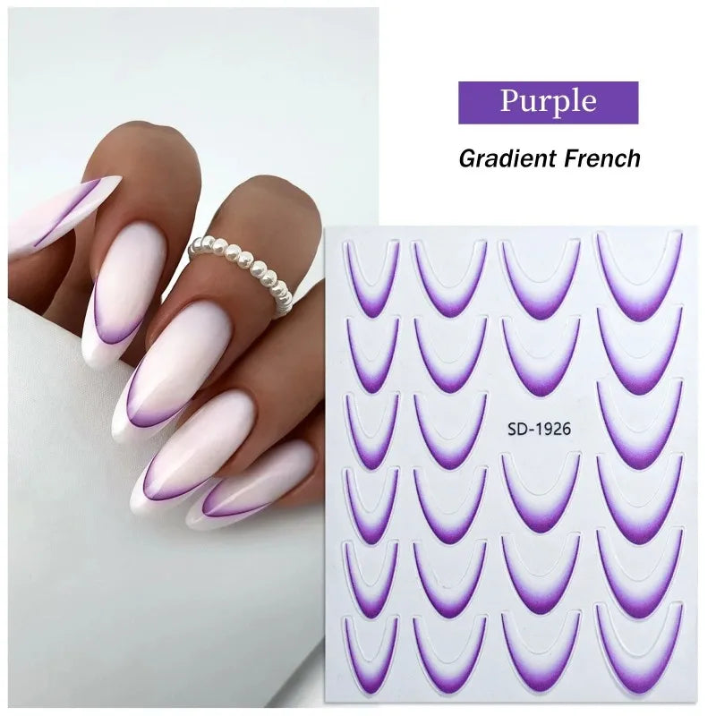 French Gradient Line Nail Art Stickers 3D Self-Adhesive White+Black Slider Design Nail Tip Stencil Manicure Guide DIY Nail Decor Zpaxo 04 Purple
