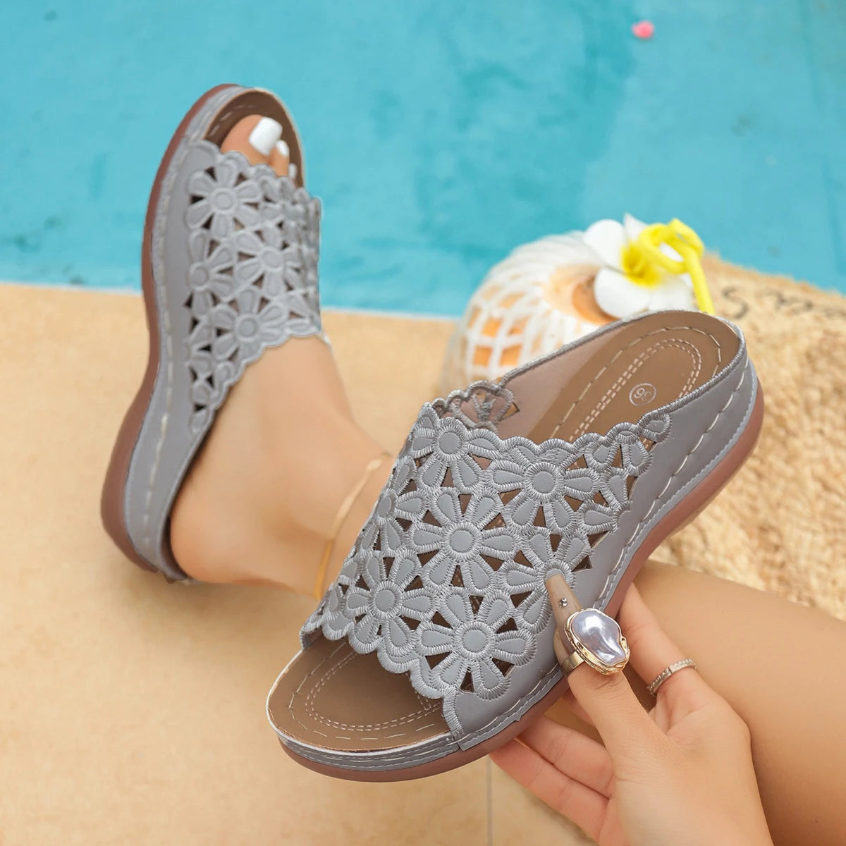 Women Slippers 2026 Fashion Plus Size Hollow Slippers Women Summer Soft Sole Med Heel Sandals Arch Support Peep Toe Slides Women Zpaxo GRAY 43