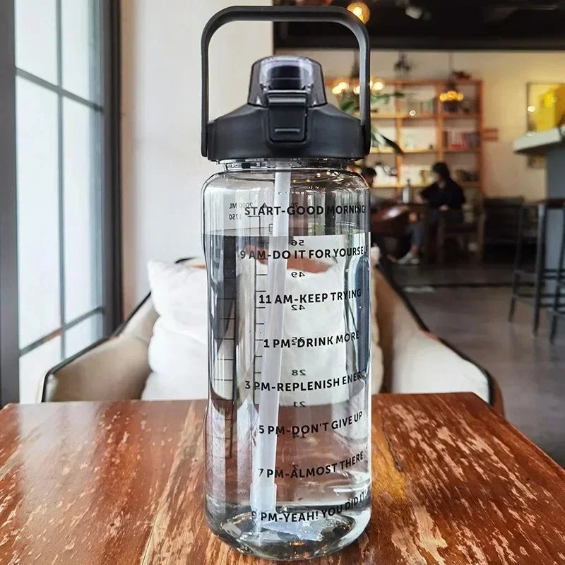 Straw Water Bottle Large Capacity Plastic Cup Portable Drink Time Zpaxo black 2.0L