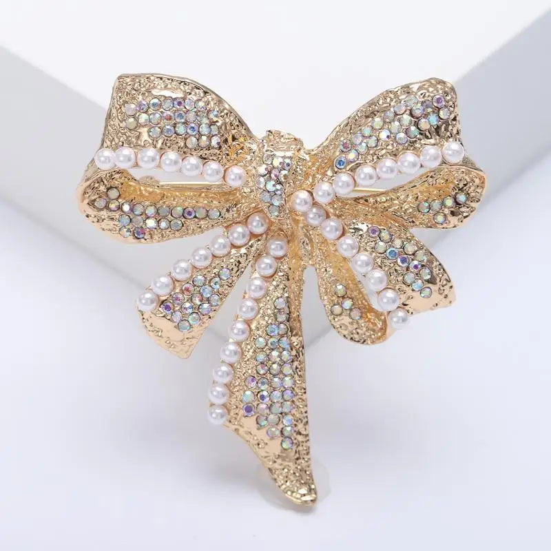 Vintage Fashion Pearl Rhinestone Bowknot Brooches Women Clothing Coat Zpaxo Gold