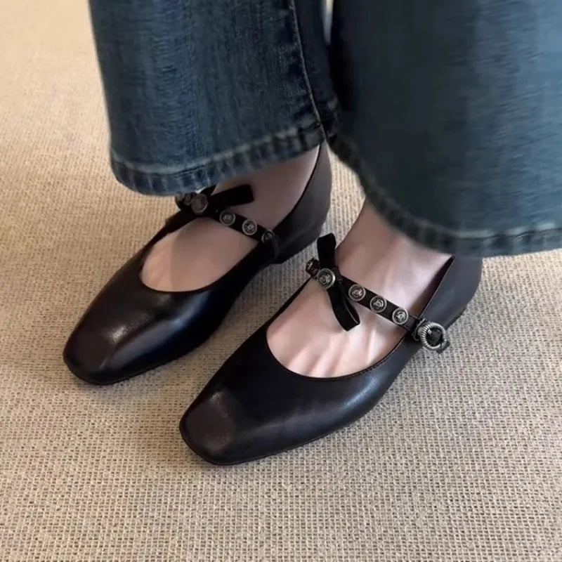 Flat Shoes for Women 2025 Spring and Autumn French Women flats Bow Shallow Mouth Ballet Shoes Square Toe Retro Mary Jane Shoes Zpaxo