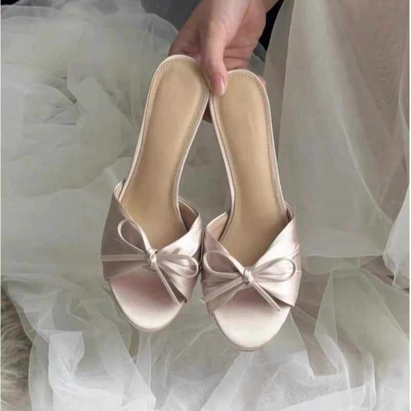 Women's Satin Bow Slippers 2026 Summer Open Toe Women Stiletto Heel