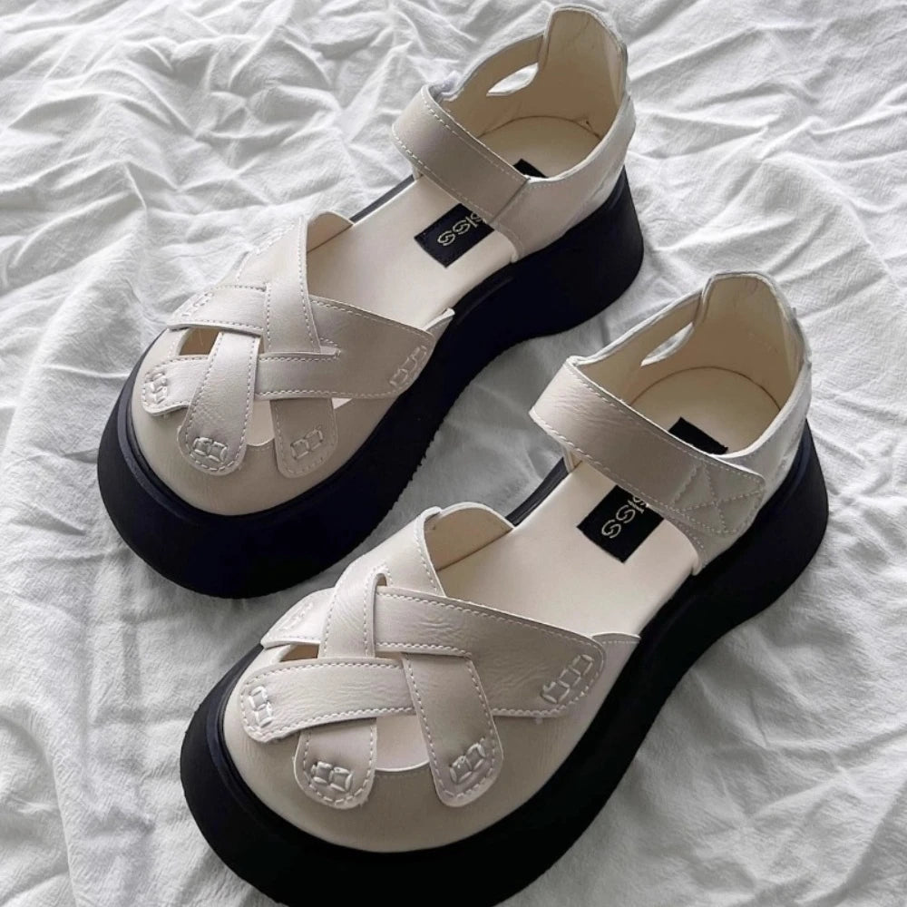 2025 Summer New Retro Style Mary Jane Enclosed Toe Sandals for Women Artistic & Versatile Weaving Style Thick Soled Roman Shoes Zpaxo WHITE 40