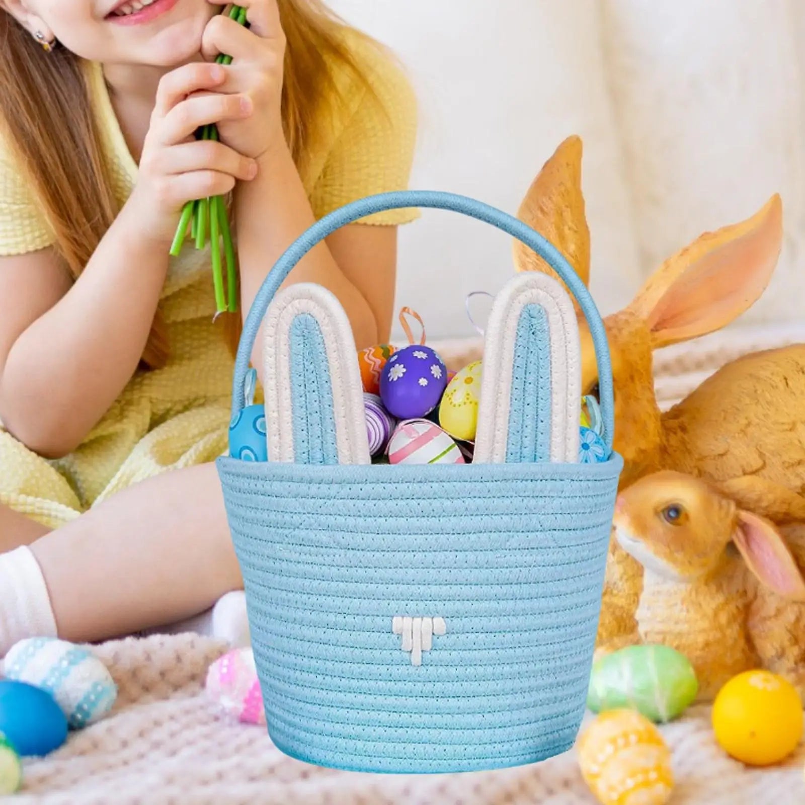 Easter Bunny Basket for Kids – Woven Cotton with Rabbit Ears Easter Gift Basket Zpaxo
