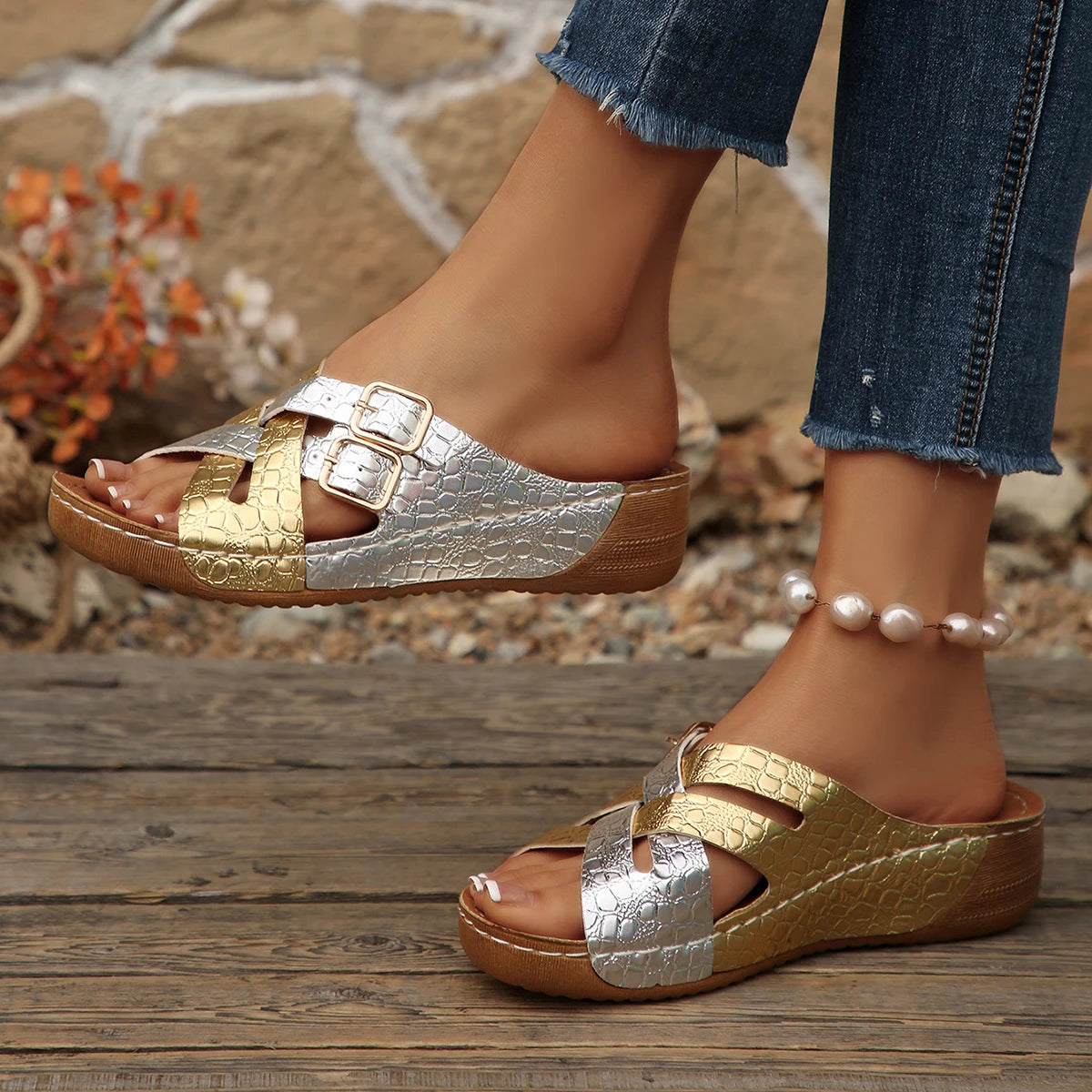 Women Wedge Slippers 2026 Open Toe Vintage National Shoes Comfortable Zpaxo