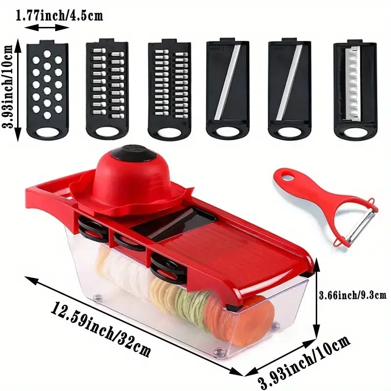 9 In 1 Multifunctional Vegetable Slicer Cutter Shredders Slicer with Basket Fruit Potato Chopper Carrot Grater Kitchen Gadgets Zpaxo red