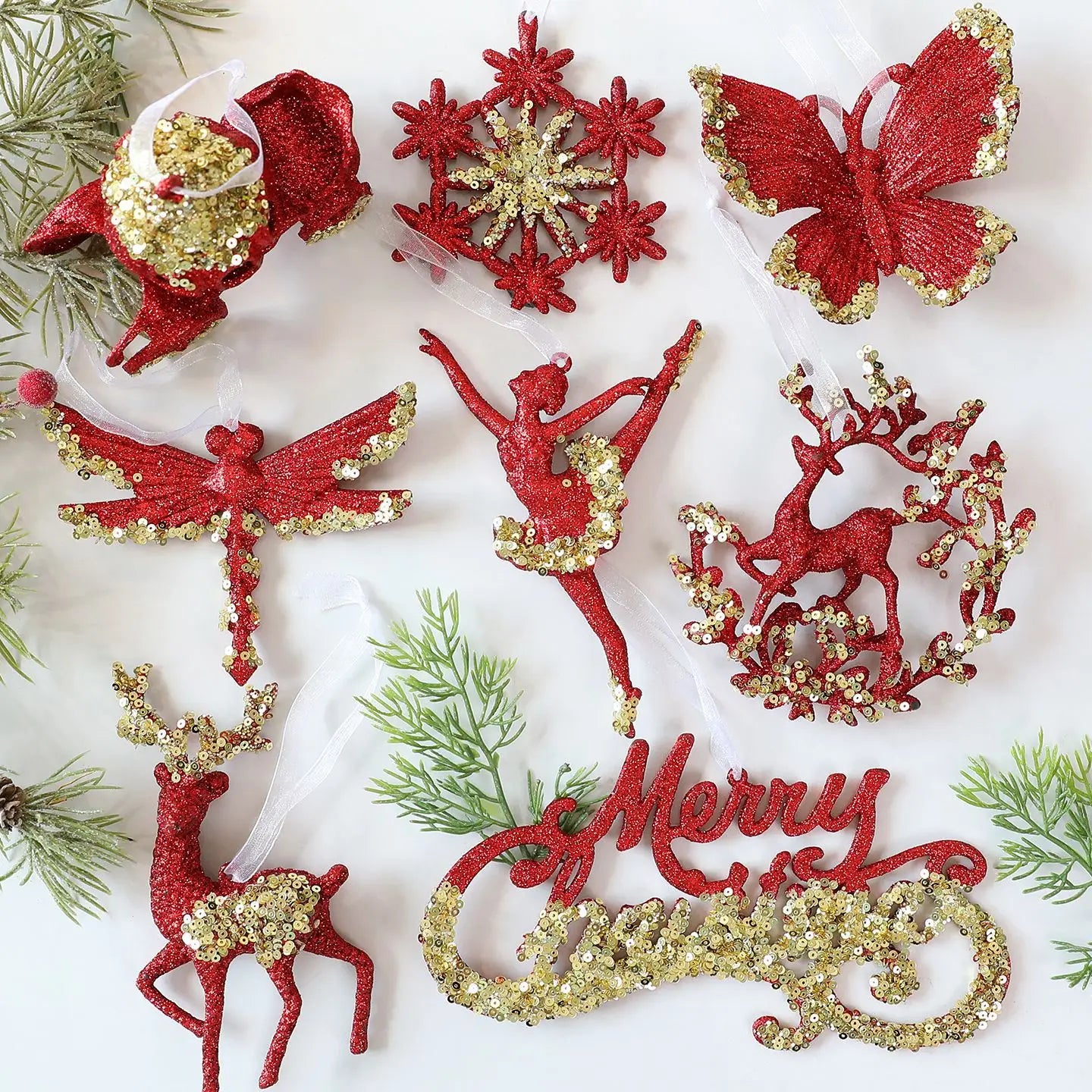 Red Glitter Christmas Pendant – Snowflake & Bow Tree Ornament