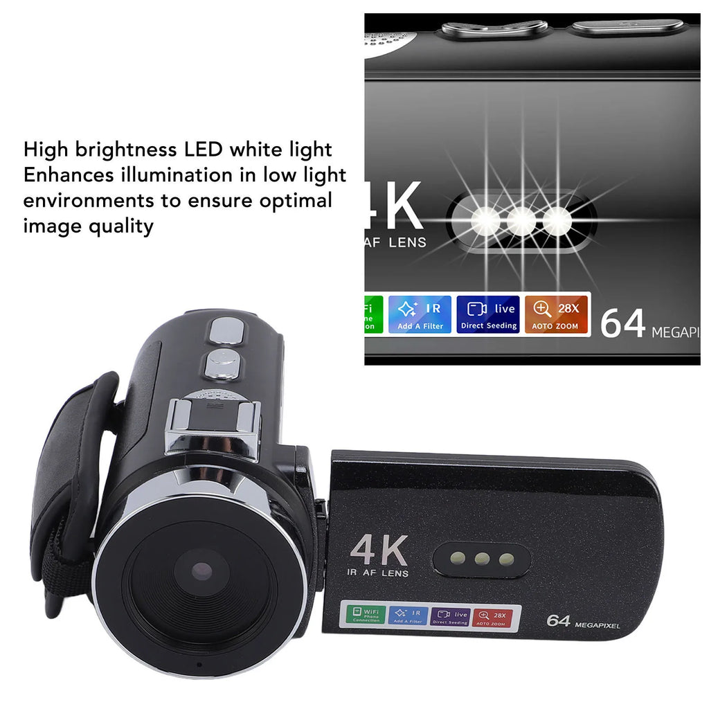 Digital Video Camera 28X Zoom Screen Auto Focus 4K 64MP HD LED White