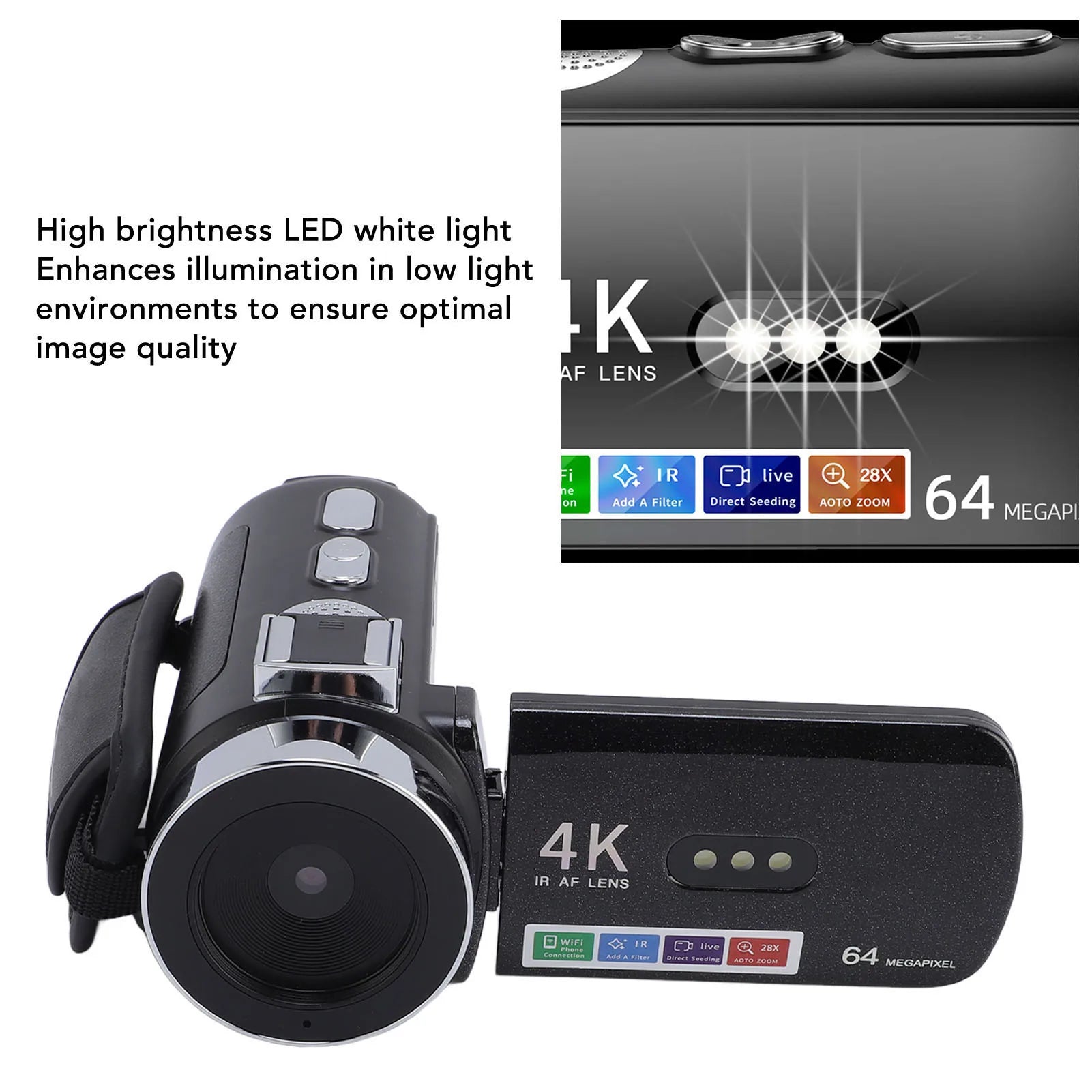 Digital Video Camera 28X Zoom Screen Auto Focus 4K 64MP HD LED White