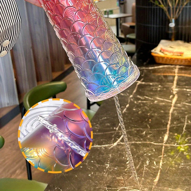 Large Capacity Colorful Laser Double-layer Straw Cup, Fish Scale Plastic Water Cup, Durian Cup Zpaxo