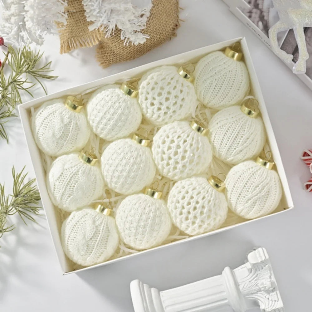 12-Pack White Knitted Yarn Christmas Ball Ornaments | Tree Decor