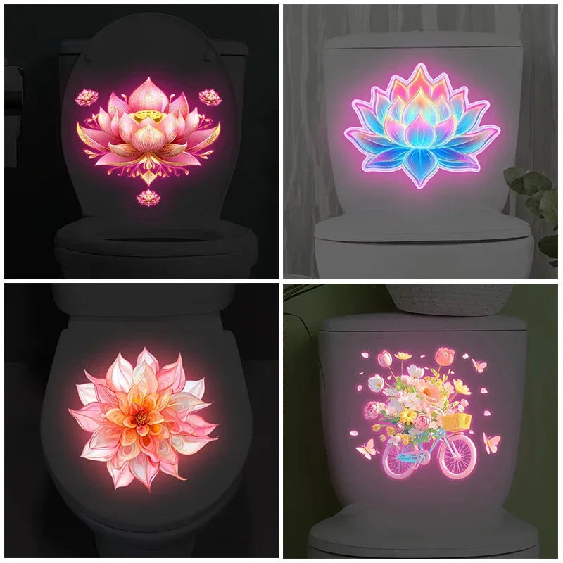 Glow-In-The-Dark Lotus Dahlia Bicycle Flower Toilet Stickers Self-Adhesive Removable UV Night Decal Wall Stickers Bathroom Decor Zpaxo