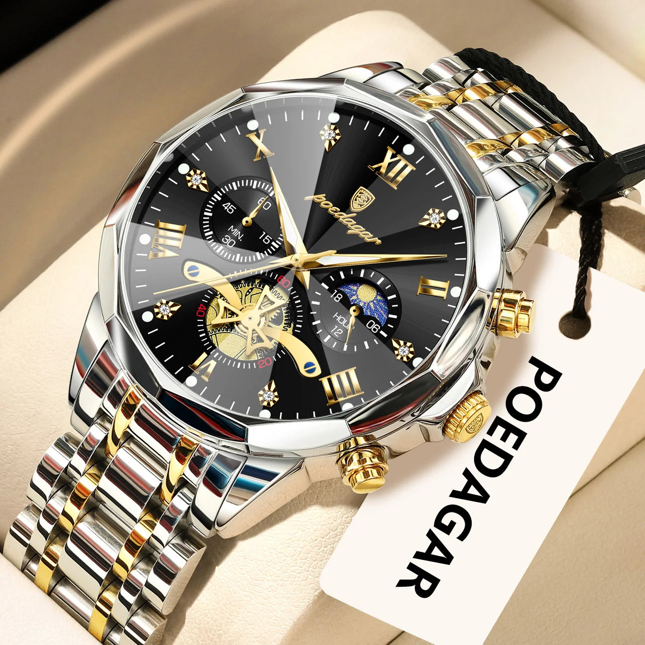 POEDAGAR Luxury Original Men Watch Waterproof Luminous Chronograph Man Wristwatch Stainless Steel Quartz Top Men's Watches Reloj Zpaxo 938 Gold Black