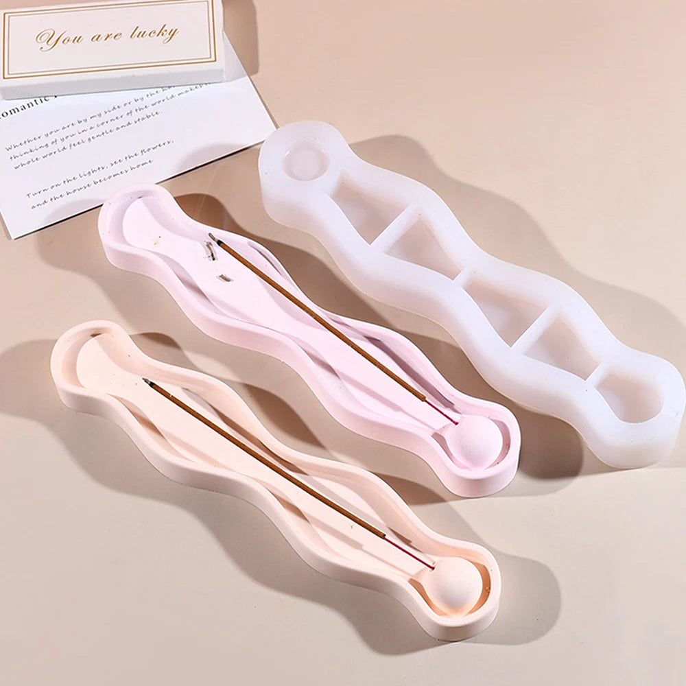 Wave Long Incense Tray Silicone Mold Set DIY Scented Stick Stand Incense Holder Plaster Art Craft Making Resin Mold Home Decor Zpaxo