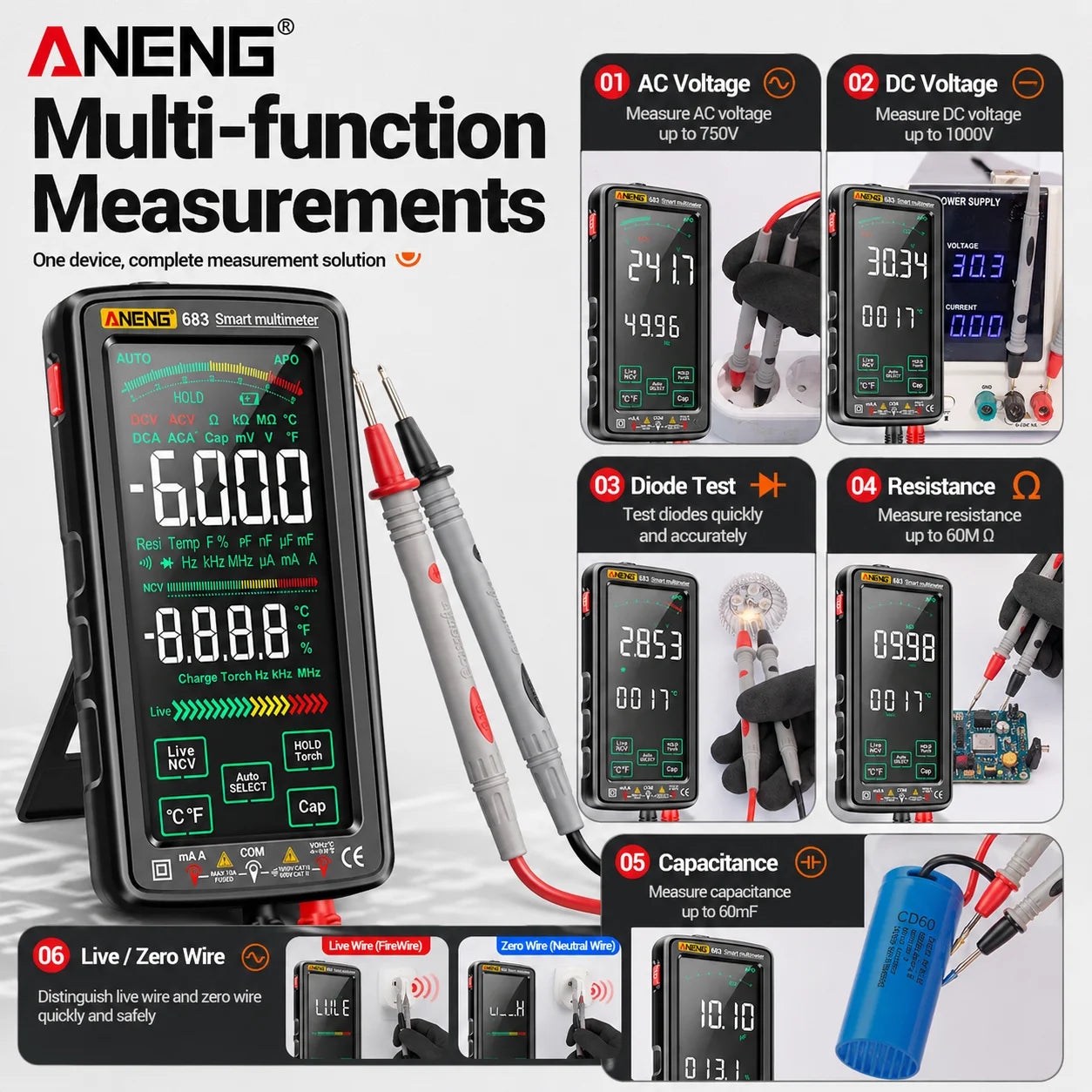 ANENG 683 Touchscreen Display USB Charging NCV Temperature Digital
