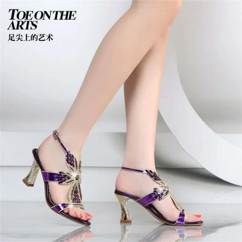 CINESSD Leather Women Sandals Pumps Summer Rhinestone Heel Wedding Zpaxo