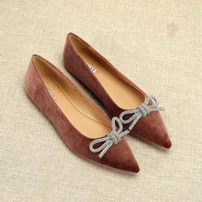 Flat Shoes for Women Spring Autumn New 2025 Butterfly Bow Diamond Velvet Pointed Toe Shallow Mouth Flat Plus Size Women's Shoe Zpaxo
