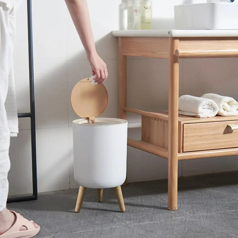 Trash Can Lid Foot Press Dustbin Wooden Grain Waste Bin Kitchen